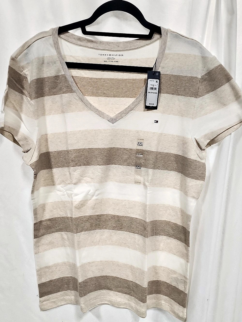 Tommy Hilfiger Striped V-Neck Favorite T-Shirt Beige & White XXL NWT